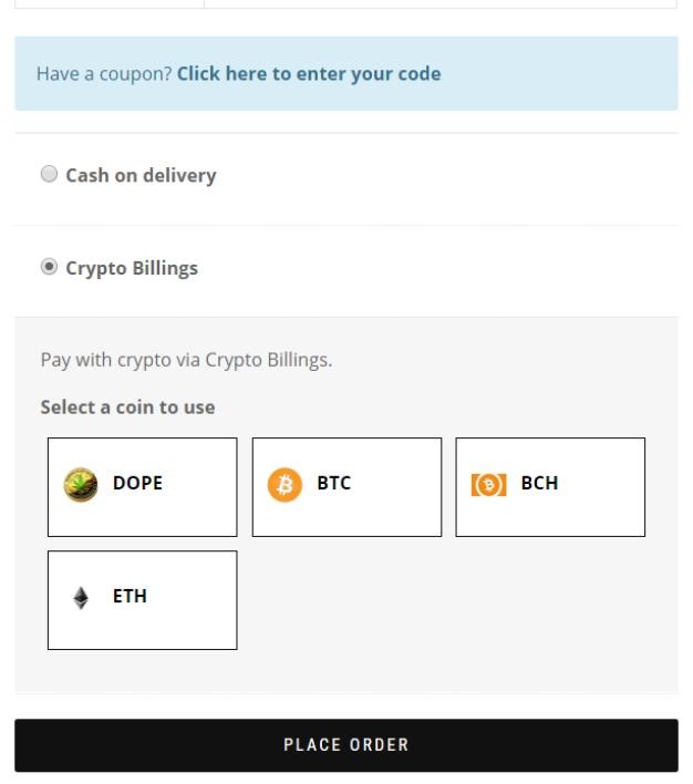 WooCommerce checkout with the Crypto Billings payment method selected, offering DOPE, BTC, BCH and ETH, and a Place Order button